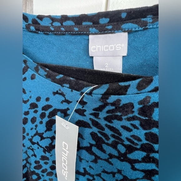 B14.25 NWT Chico's Teal Blue & Black Velvet Flocked Balloon Sleeve Knit Top 2 - Picture 6 of 7